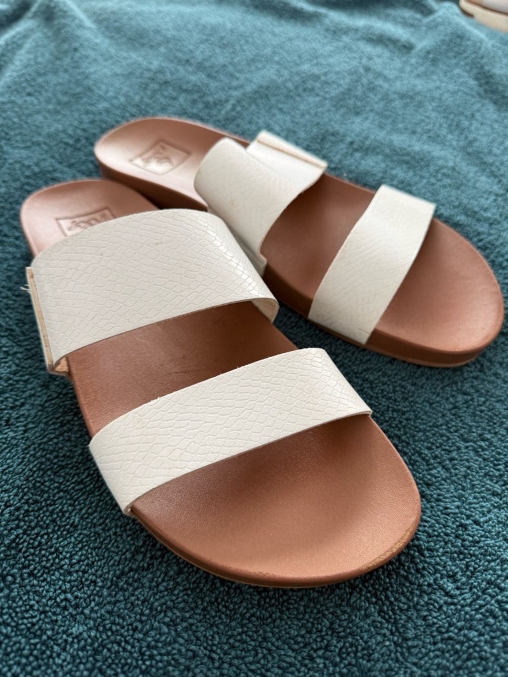 Reef White and Brown Double Strap Slide Sandals